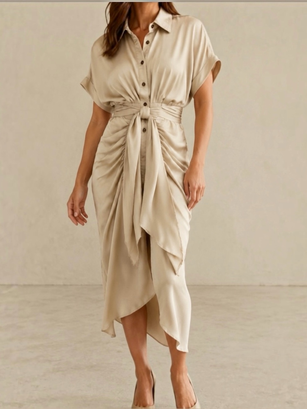 MABLE‎ Satin Midi Button Down Ruched Shirt Dress Medium Champagne Gold